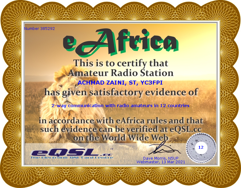 The eAfrica Award for YC3FPI by eQSL.CC